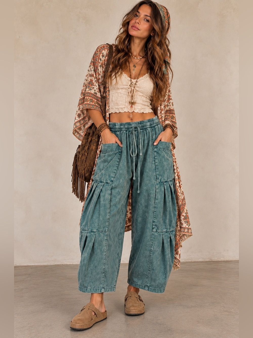 Oli & Hali Mineral Washed Tencel Wide Leg Cargo Pants Boho Size S